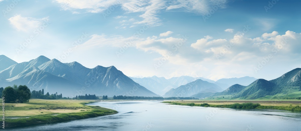 Fototapeta premium View of the river from the mountain. Creative banner. Copyspace image