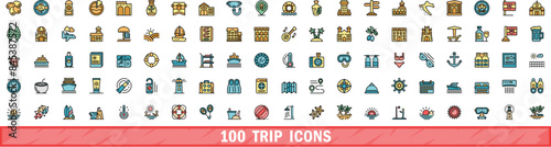 100 trip icons set. Color line set of trip vector icons thin line color flat on white