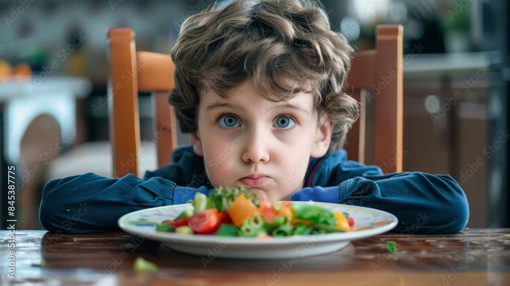 Young Child Reluctant to Eat Vegetables, a kid refuses to eat his meal. Young Child Reluctant to Eat Vegetables, a kid refuses to eat his meal.