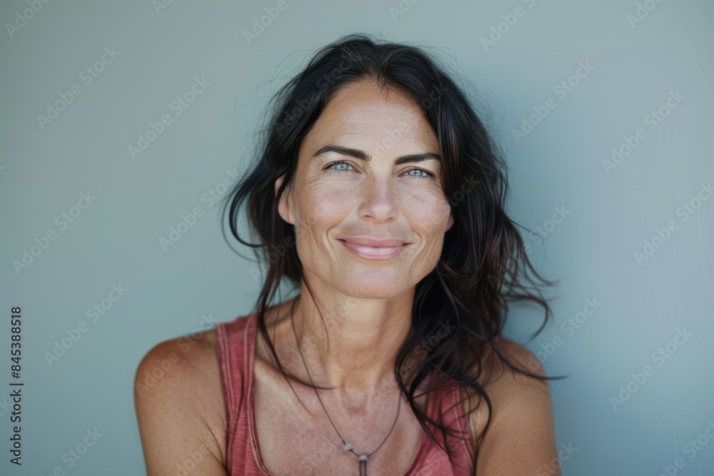 A close up portrait of a woman with a subtle smile A close up portrait of a woman with a subtle smile