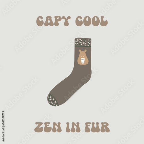 Textile children's sock with copybara, inscription, vector photo