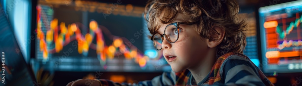 Young boy wearing glasses looks intently at computer screen displaying graphs. Young boy wearing glasses looks intently at computer screen displaying graphs.