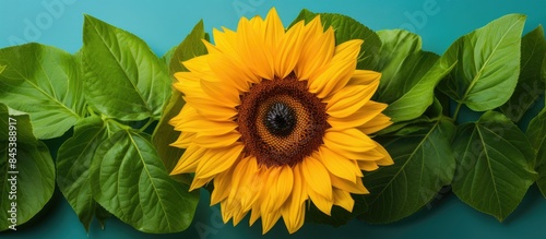 Close up of sunflower Big yellow flower with big green leaf. Creative banner. Copyspace image photo