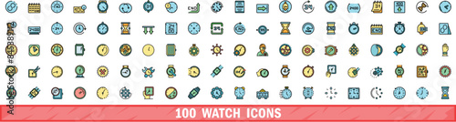 100 watch icons set. Color line set of watch vector icons thin line color flat on white