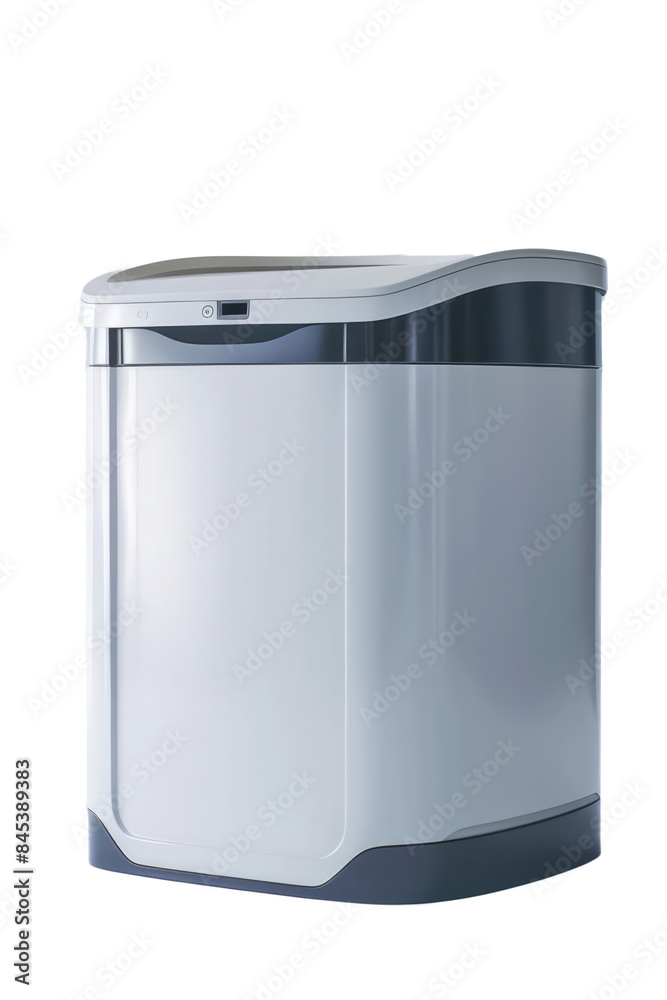 A smart bin that sorts and recycles waste, set against a pristine white environment. A smart bin that sorts and recycles waste, set against a pristine white environment.