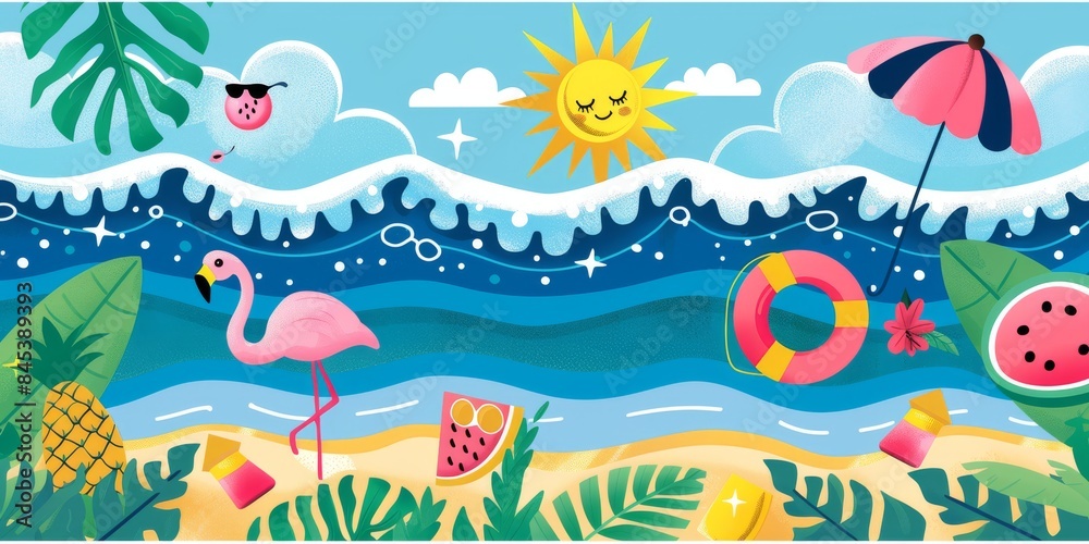 Obraz premium vibrant beach scene illustration featuring a flamingo, sunshine, and tropical elements. Ideal for summer-themed projects and children’s books.
