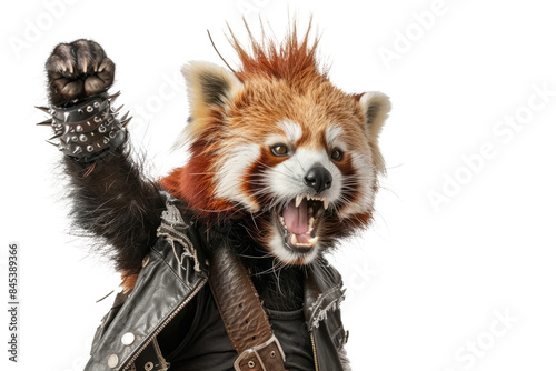 A playful red panda in a spiked mohawk and ripped t-shirt, embodying a punk rock spirit photo