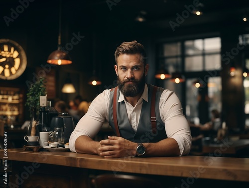 Bearded Man in Vintage Cafe with Suspenders