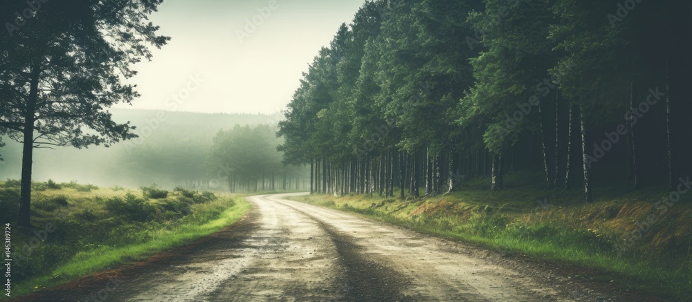 Fototapeta premium empty road with tire tracks in the countryside with forest in surrounding perspective in summer with mist and green trees vintage old effect. Creative banner. Copyspace image