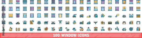 100 window icons set. Color line set of window vector icons thin line color flat on white