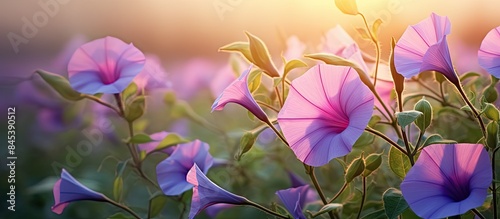 Colorful morning glory or ipomoea flowers. Creative banner. Copyspace image photo