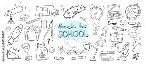 Back to school trendy doodle set. Collection of isolated school supplies on a white background. Flat design. Hand drawn. Vector illustration.

