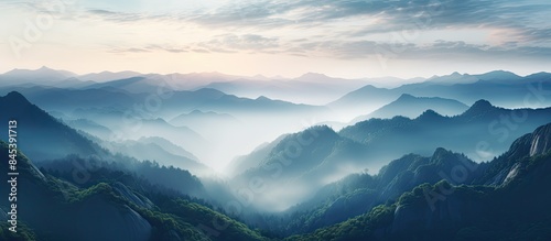 it will be early in the morning in the mountains at sunrise with fog. Creative banner. Copyspace image