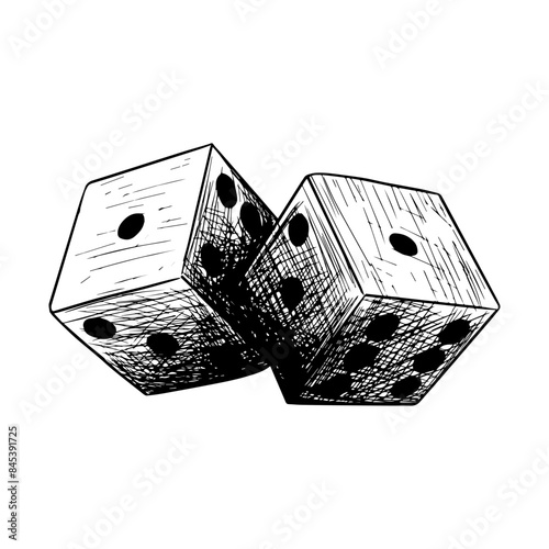 Vector sketch dice, black and white illustration isolated on white background, line art for design and decor, luck, poker