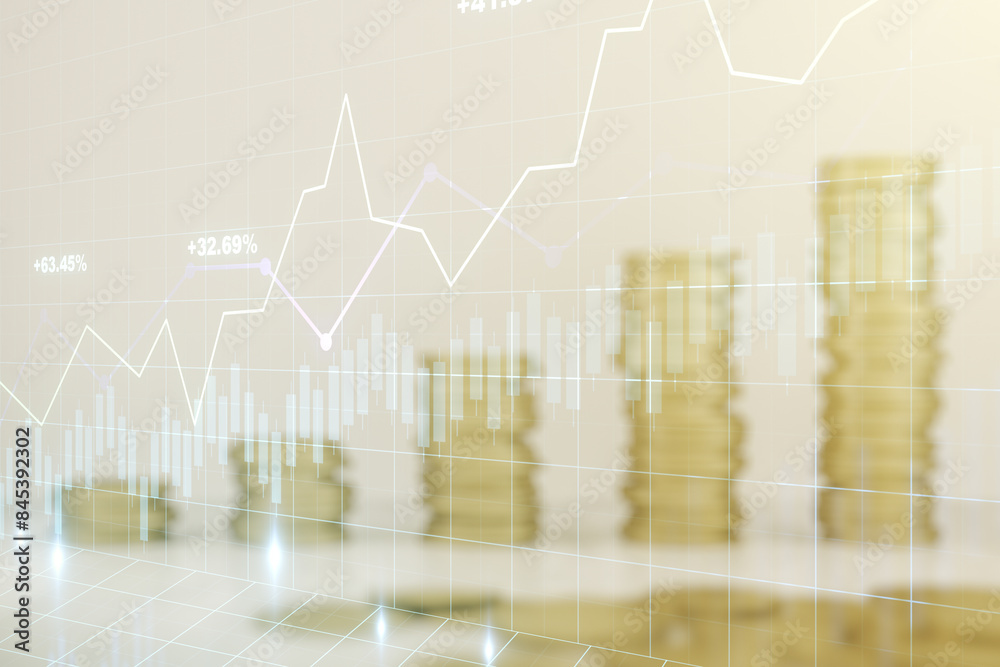 Obraz premium Double exposure of abstract creative financial chart hologram on growing stacks of coins background, research and strategy concept