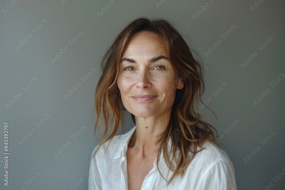 A close up portrait of a woman with a subtle smile A close up portrait of a woman with a subtle smile