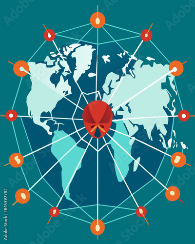 An illustration of a spider web with each strand representing a countrys economy showing how a crisis in one country can have a widespread impact.. Vector illustration