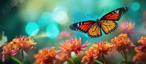 wild butterfly is on flower. Creative banner. Copyspace image