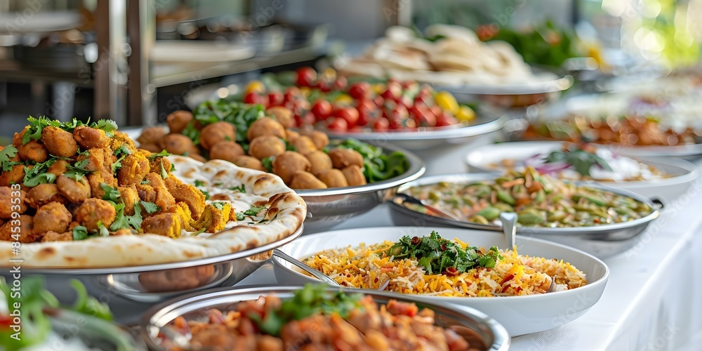 Indian food buffet spread on a white table curry samosa naan. Concept Indian Cuisine, Buffet Setup, Food Presentation, Vegetarian Delights, Cultural Cuisine Indian food buffet spread on a white table curry samosa naan. Concept Indian Cuisine, Buffet Setup, Food Presentation, Vegetarian Delights, Cultural Cuisine