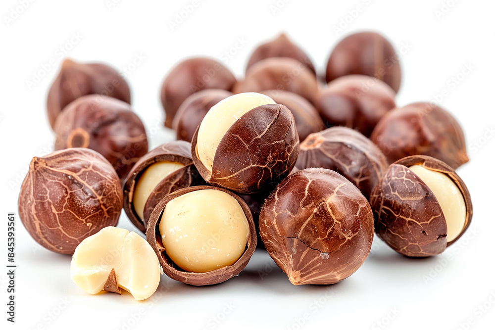 Close-up of shelled and unshelled Macadamia nuts isolated on a white background, showcasing their texture Close-up of shelled and unshelled Macadamia nuts isolated on a white background, showcasing their texture