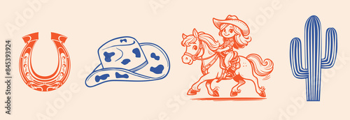 wild west, west, Texas. Cowgirl and hat, cactus and horseshoe. vector set