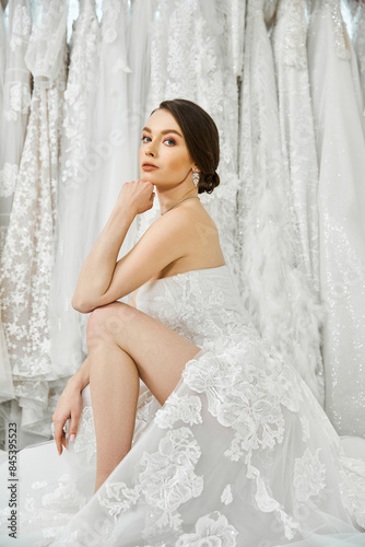 A young brunette bride in a white dress, sitting contemplatively in front of a rack of dresses in a wedding salon.