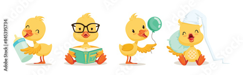 Little Yellow Duck Chick Different Emotion And Situation Vector Set