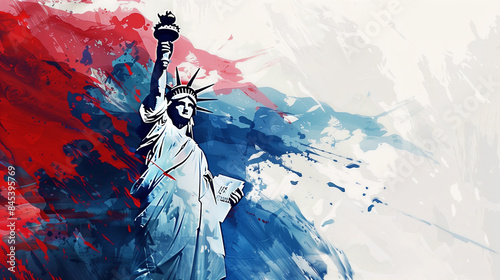 statue of liberty on white red and blue background 