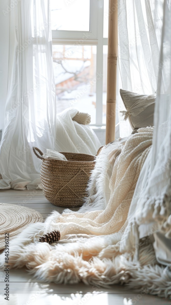 a four-poster bed draped in white, a fur blanket, a wooden bedside table, a woven basket bag on the floor, a pastel pink wall lamp, and a plant pot near the window. a four-poster bed draped in white, a fur blanket, a wooden bedside table, a woven basket bag on the floor, a pastel pink wall lamp, and a plant pot near the window.