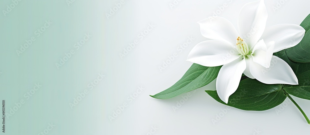 Fototapeta premium white flower green leaf background. Creative banner. Copyspace image