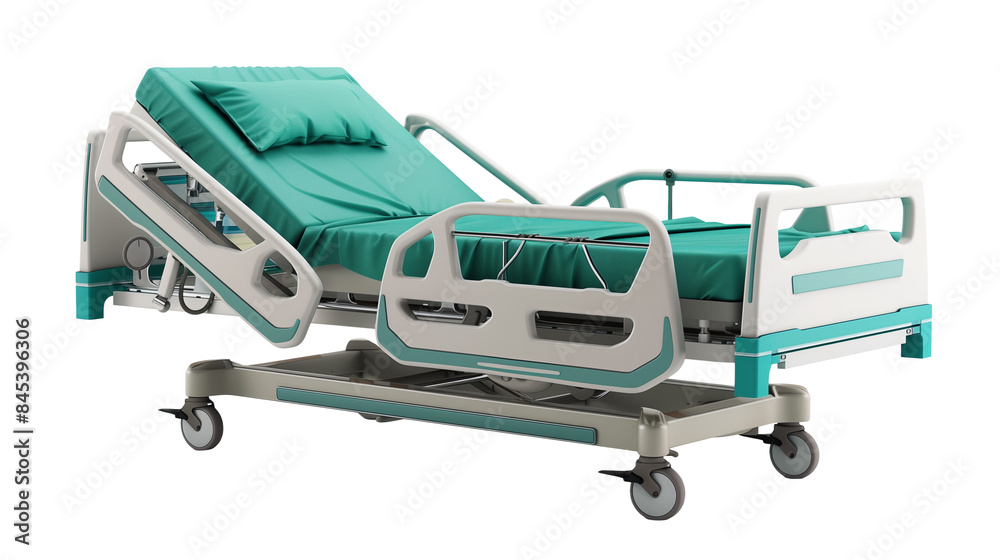 Modern Hospital Bed with Adjustable Features and Teal Mattress Modern Hospital Bed with Adjustable Features and Teal Mattress