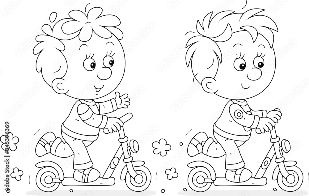 Happy little boys merrily riding their toy scooters on a playground in a park on a summer vacation, black and white vector cartoon illustration for a coloring book Happy little boys merrily riding their toy scooters on a playground in a park on a summer vacation, black and white vector cartoon illustration for a coloring book
