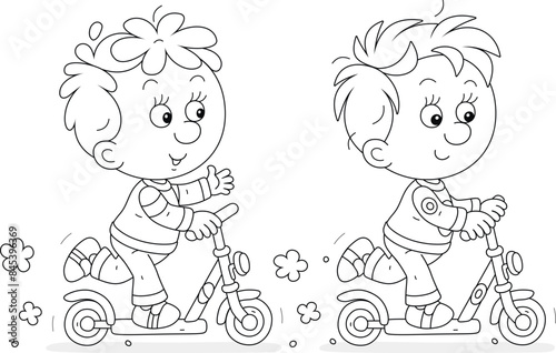 Happy little boys merrily riding their toy scooters on a playground in a park on a summer vacation, black and white vector cartoon illustration for a coloring book