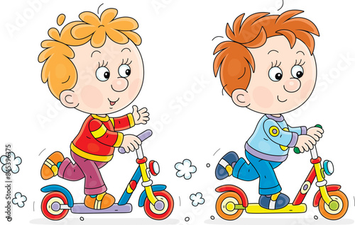 Happy little boys merrily riding their toy scooters on a playground in a park on a summer vacation, vector cartoon illustration isolated on a white background