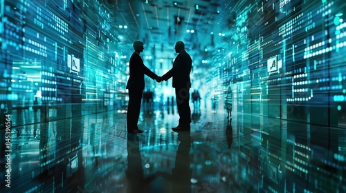 Businesspeople shaking hands in office with digital technology graphic elements 
