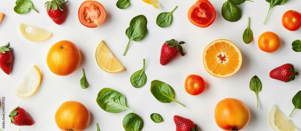 Pattern of fresh vegetables and fruits on white background, viewed from above. Promoting healthy eating with food composition and texture. Pattern of fresh vegetables and fruits on white background, viewed from above. Promoting healthy eating with food composition and texture.