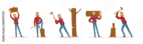 Man Lumberjack in Checkered Shirt Working Cutting and Chopping Wood Vector Set