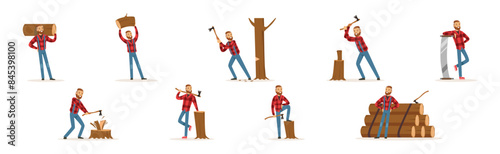 Man Lumberjack in Checkered Shirt Working Cutting and Chopping Wood Vector Set