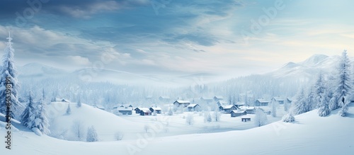 Snow storm over the town and forest. Creative banner. Copyspace image