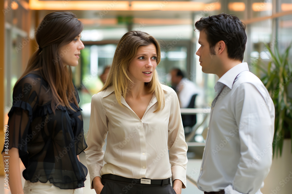 Three business people having a discussion as a team in an office Three business people having a discussion as a team in an office