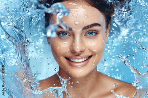 Beautiful model in spa with water splashes  fresh skin concept. © Isuru