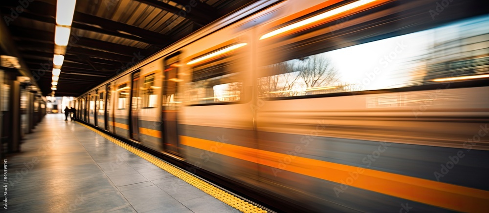 a scene where a suburban train traveling in high speed providing blur motion effect with selective focus on the subject unidentified person seen footboarding. Creative banner. Copyspace image a scene where a suburban train traveling in high speed providing blur motion effect with selective focus on the subject unidentified person seen footboarding. Creative banner. Copyspace image