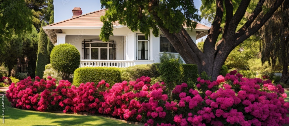Stately home with red flower bush. Creative banner. Copyspace image Stately home with red flower bush. Creative banner. Copyspace image