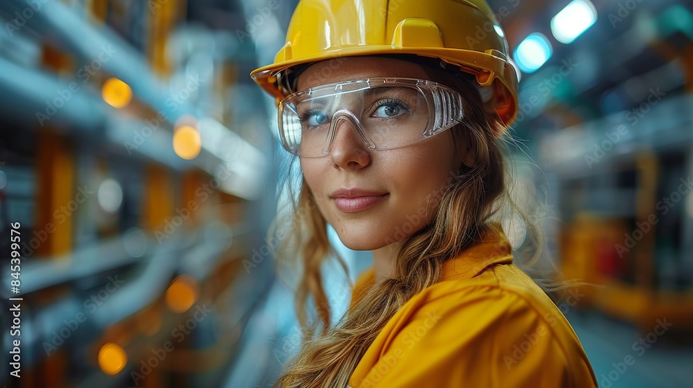 A female engineer in a yellow hard hat and safety glasses looks confidently at the camera A female engineer in a yellow hard hat and safety glasses looks confidently at the camera