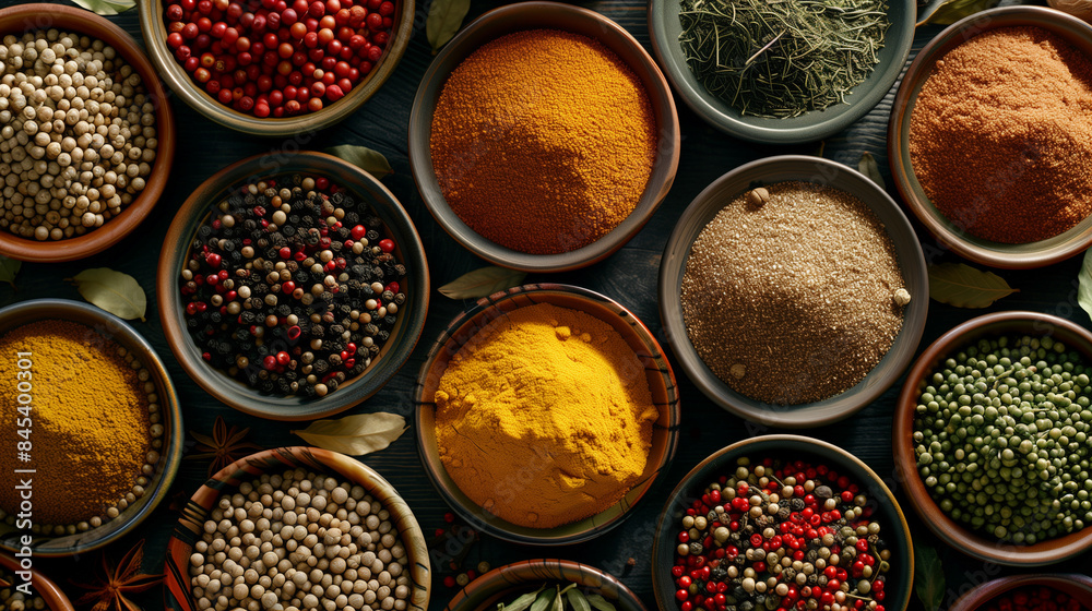A variety of spices are displayed in bowls on a table A variety of spices are displayed in bowls on a table