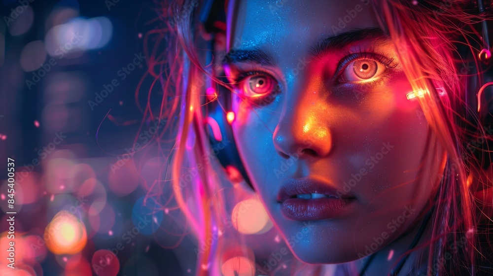 Striking portrait of a woman with stunning blue eyes and futuristic neon light makeup