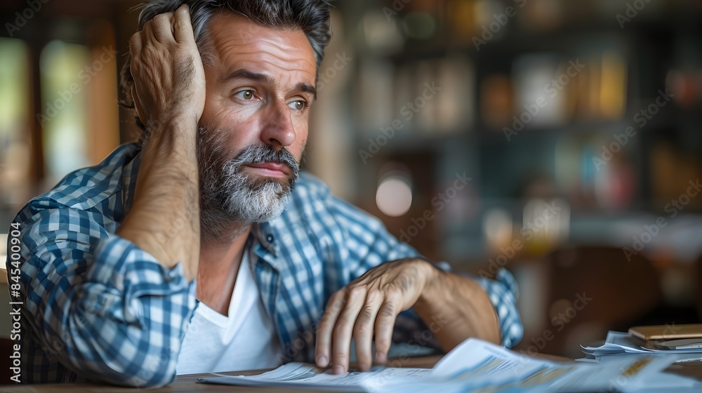 Obraz premium Middle aged man contemplating financial solutions in a cozy workspace