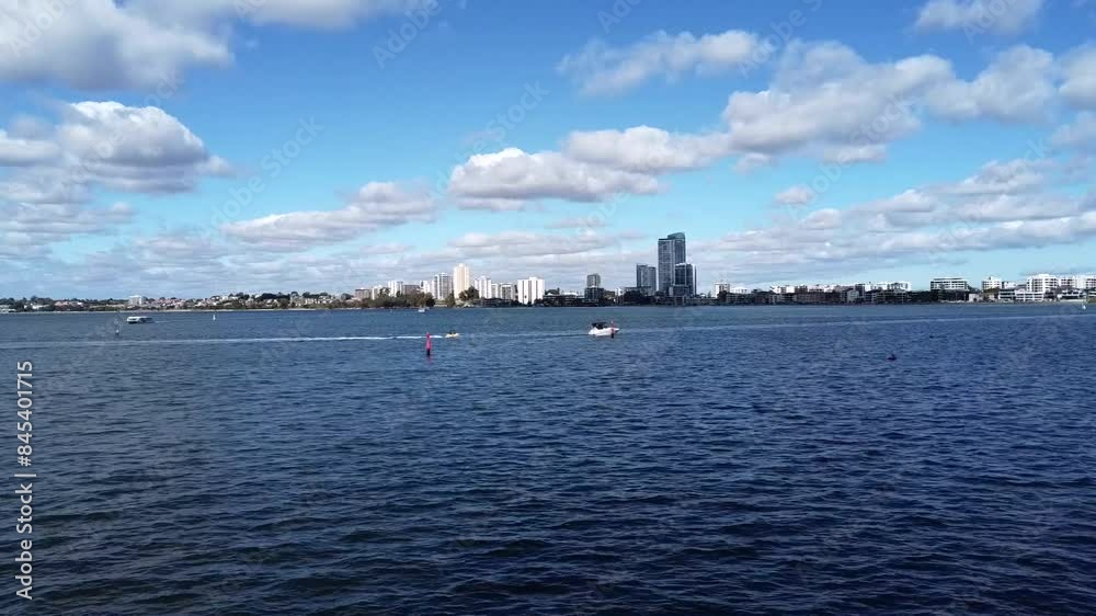 Aerial drone ascending over Swan River, Perth - View towards South Perth Aerial drone ascending over Swan River, Perth - View towards South Perth