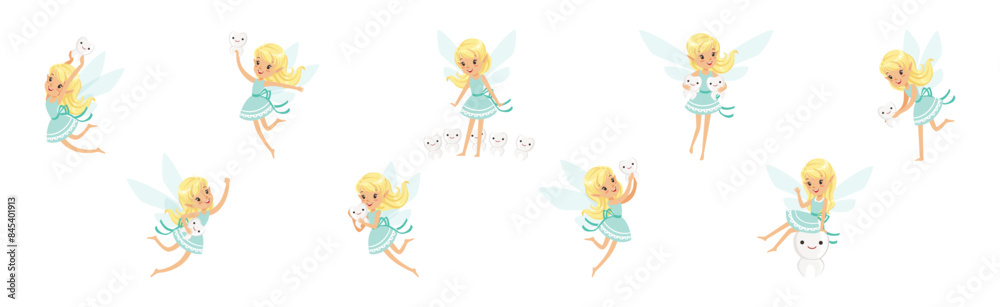 Blond Little Girl Tooth Fairy Flying with Wings Vector Set