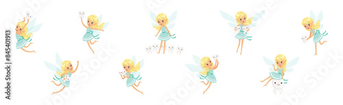 Blond Little Girl Tooth Fairy Flying with Wings Vector Set